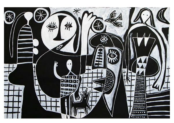 Explana en blanco y negro una escena abstracta del pintor enrique Pichardo