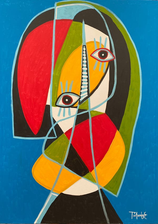 formas abstractas de Enrique Pichardo en retrato en fondo azul